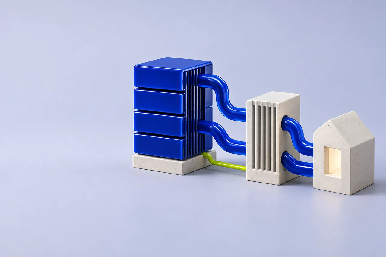 Ein blaues Servermodul führt Wärme über einen Rohrkreislauf durch einen hellen Wärmetauscher zu einem Haus.