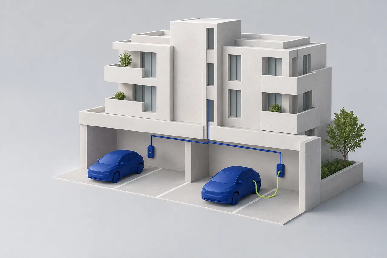 Ein stilisiertes Mehrfamilienhaus mit Stellplätzen, zwei E-Autos und gemeinsamer Ladeinfrastruktur.