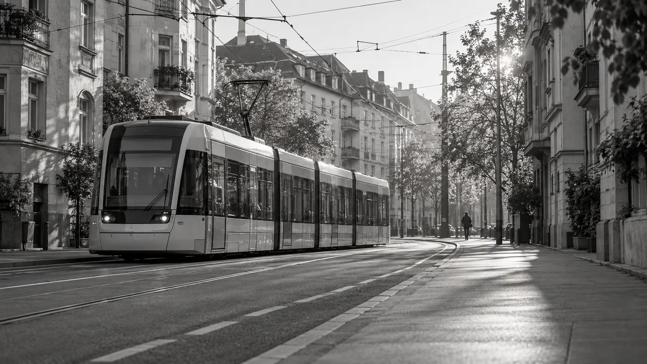 Eine Straßenbahn zwischen Wohnhäusern und Oberleitungen in einer monochromen Alltagsszene.